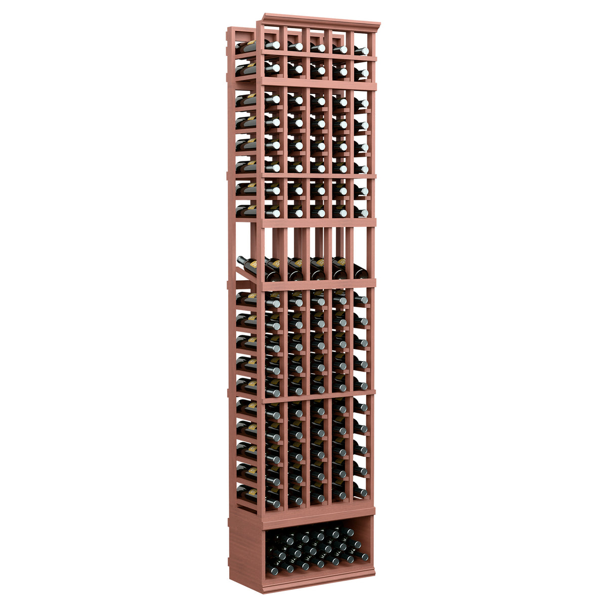 5-column wine bottle display rack with reddish frame and glass bottle slots