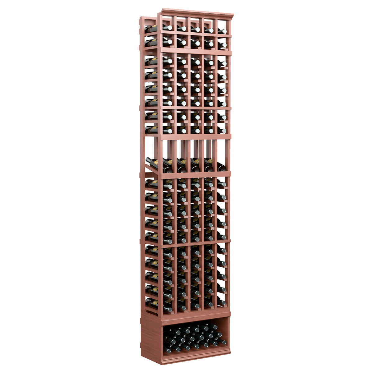 5-column wine bottle display rack in red wood-tone with open bottle cubbies