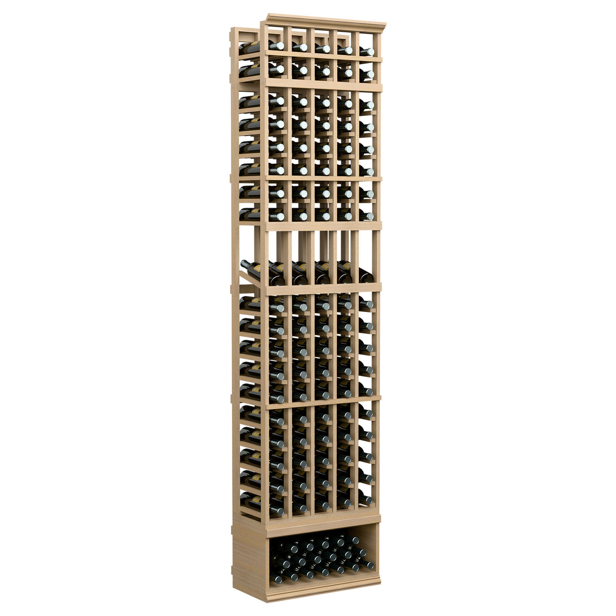 5-column wine bottle display rack with light wood-tone frame and bottle storage