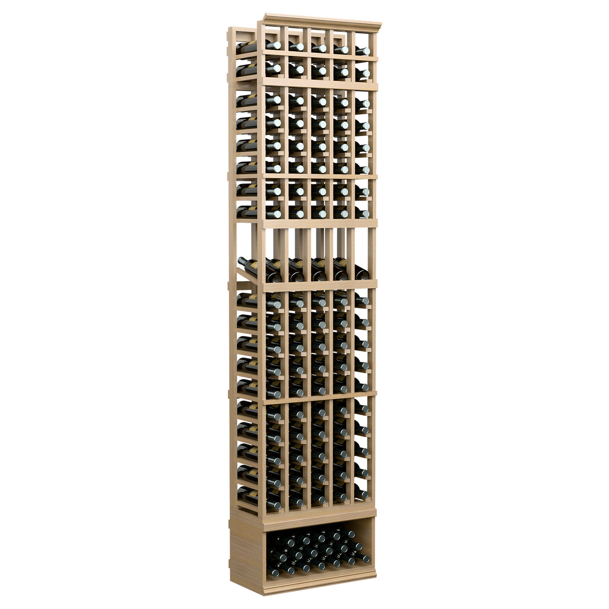5-column wine bottle display rack with natural wood-tone sides and bottle compartments