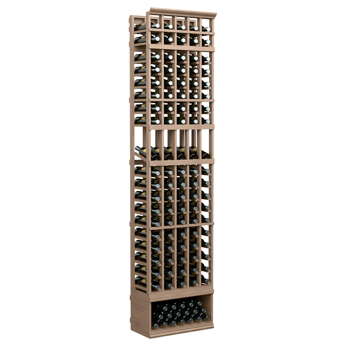 5-column wine bottle display rack in light wood-tone with multiple rows of slots