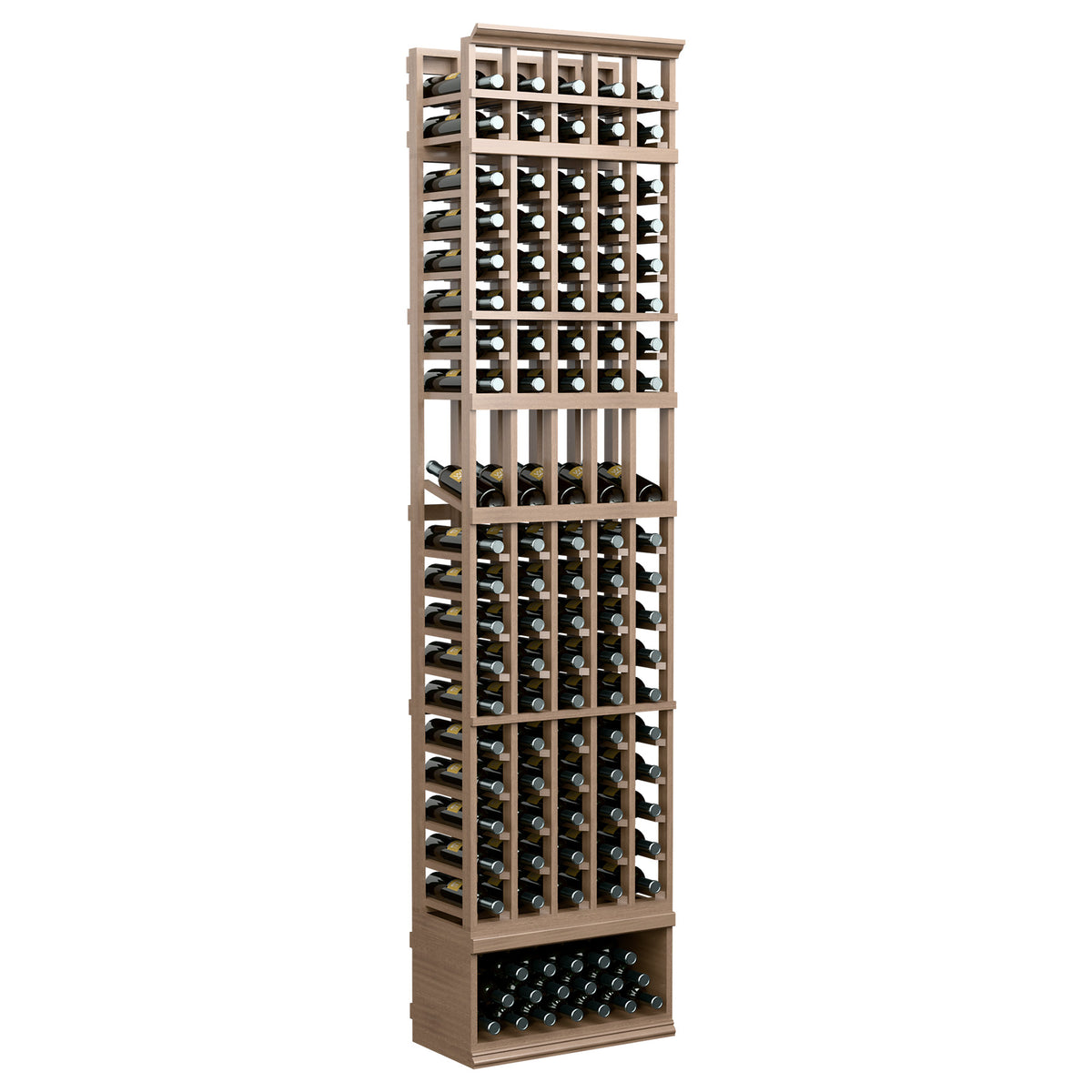 5-column wine bottle display rack with pale wood-tone frame and stacked bottle openings