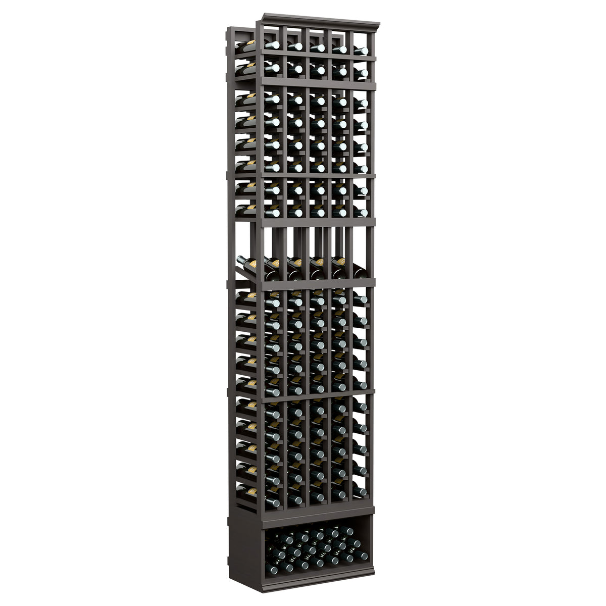 5-column wine bottle display rack with dark gray frame and front bottle cubbies