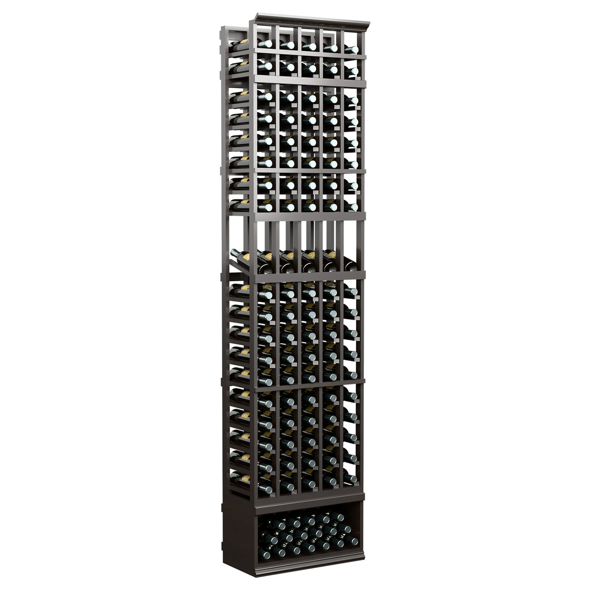 5-column wine bottle display rack in dark finish with open grid for bottle display