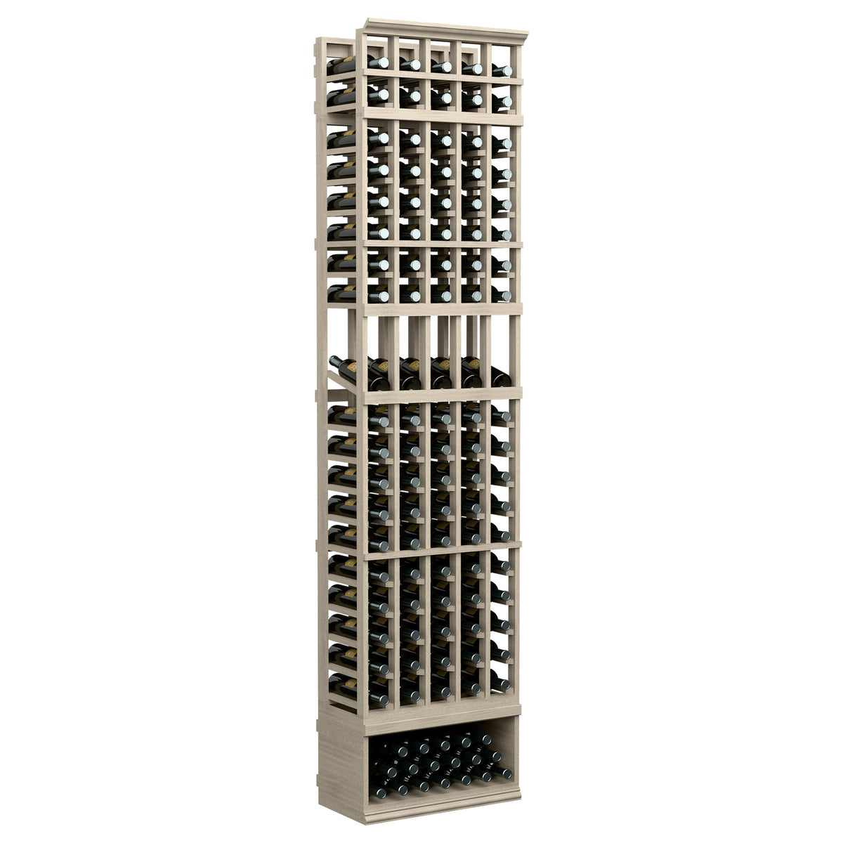 8ft 5-column wine display rack in whitewashed wood with black bottle slots