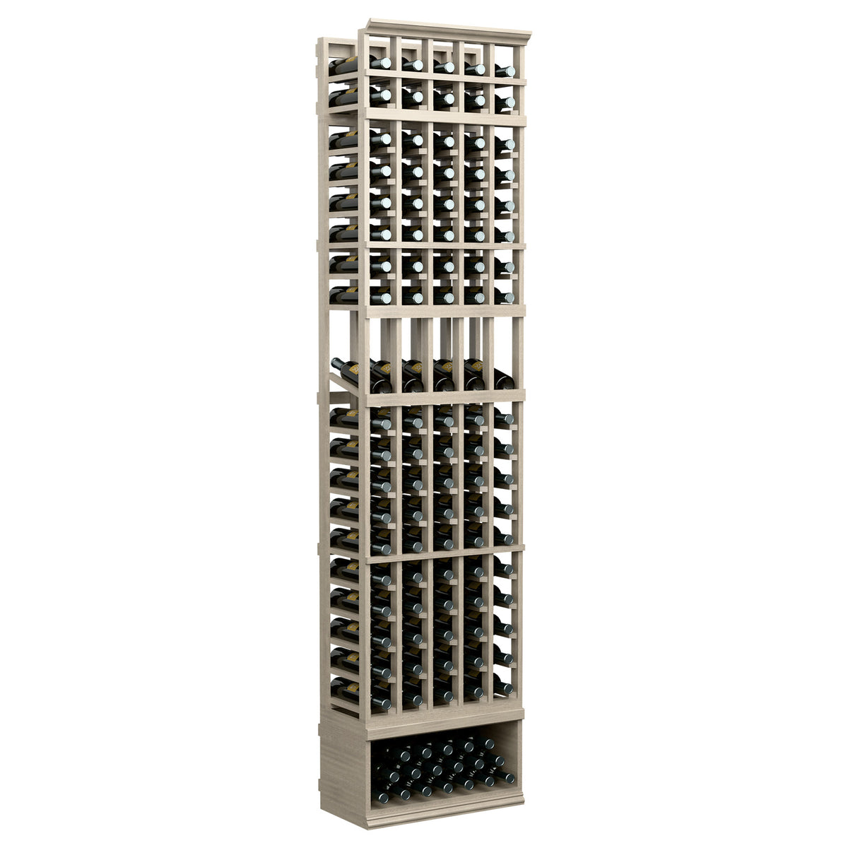 8ft 5-column wine display rack in whitewashed wood with dark bottle compartments