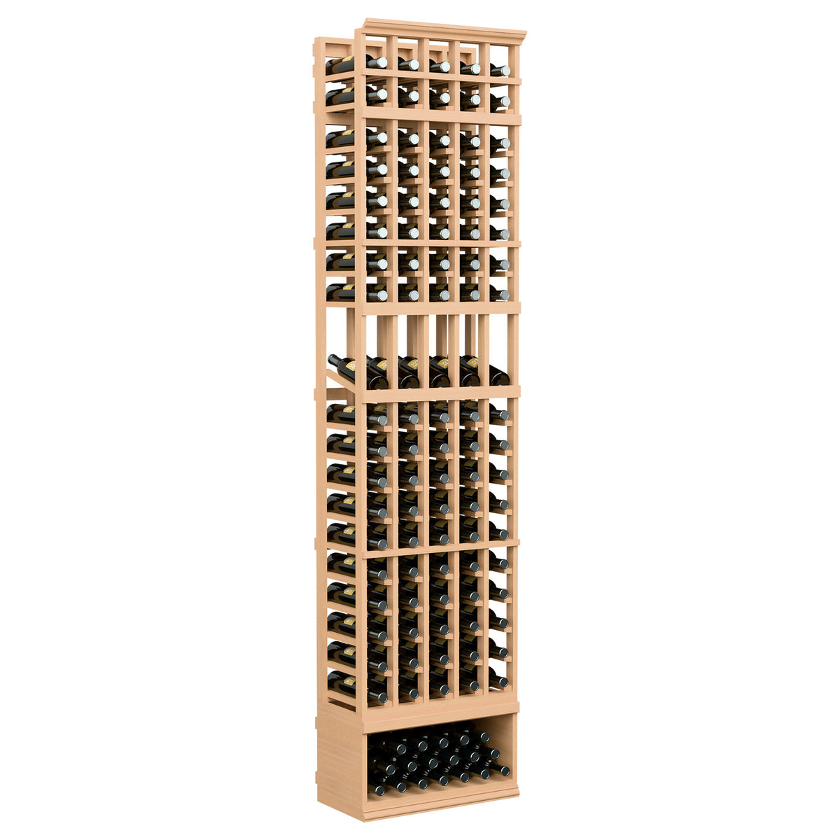 8ft 5-column wine display rack in light wood with black bottle slots