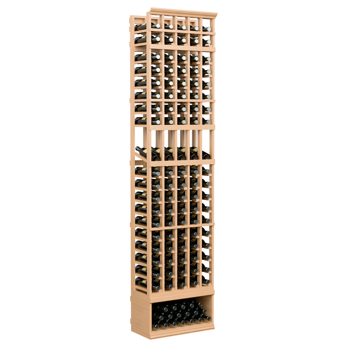 8ft 5-column wine display rack in light wood with dark bottle holders