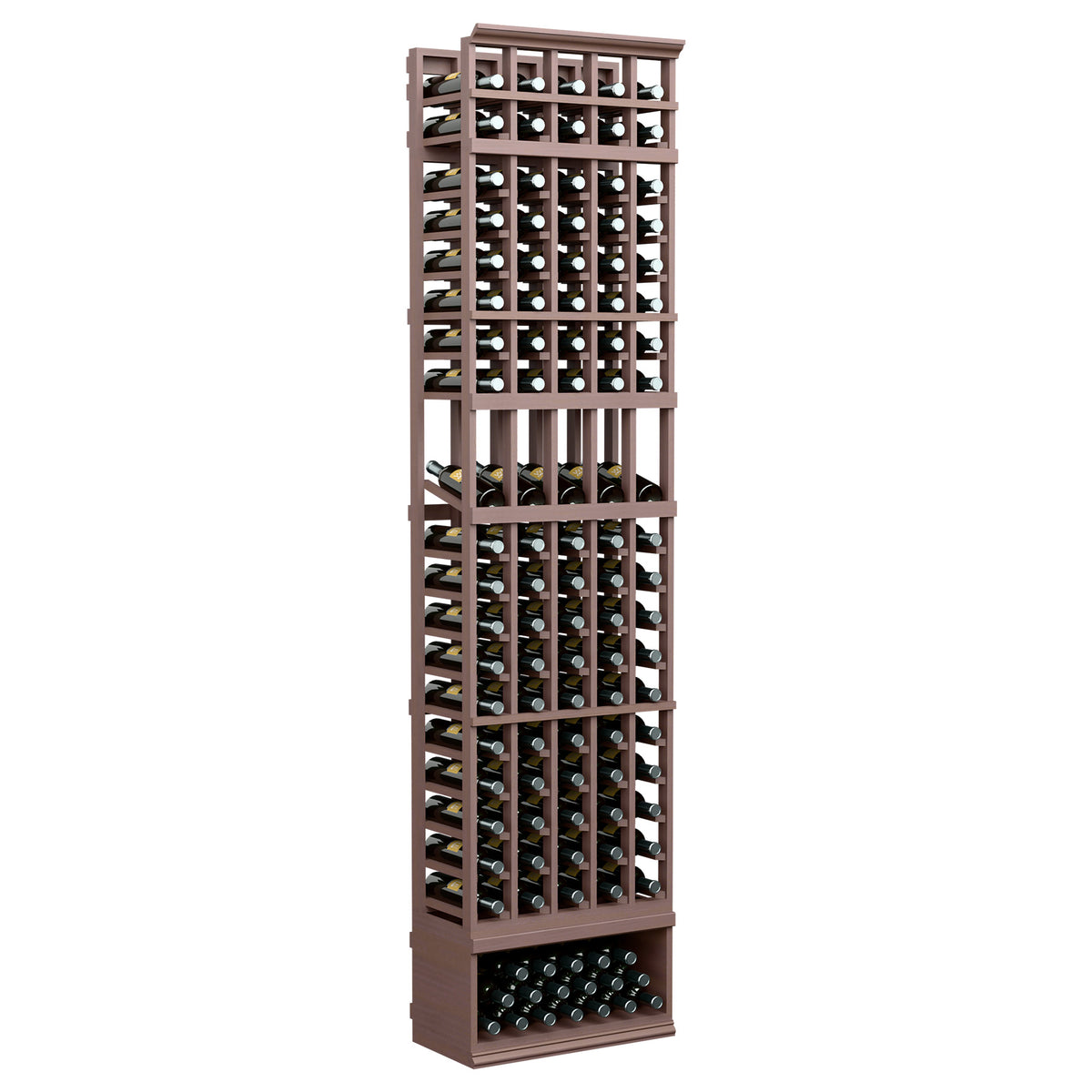 8ft 5-column wine display rack in dark stained wood with black bottle slots