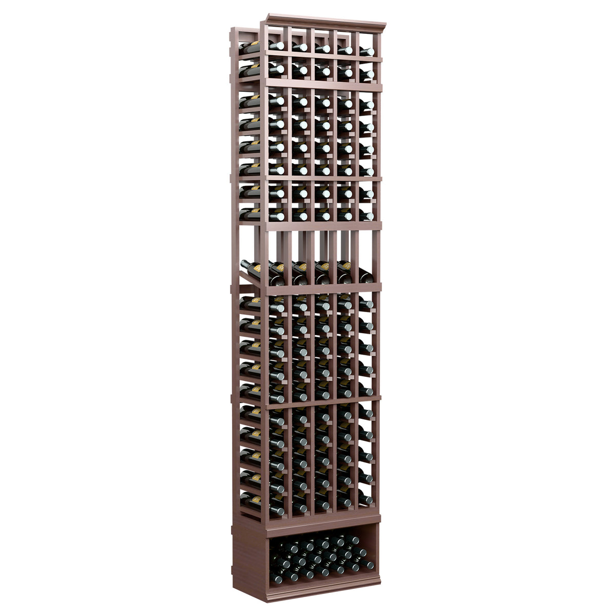 8ft 5-column wine display rack in dark wood with black bottle compartments