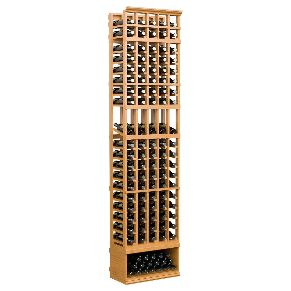 8ft 5-column wine display rack in warm light wood with dark bottle holders