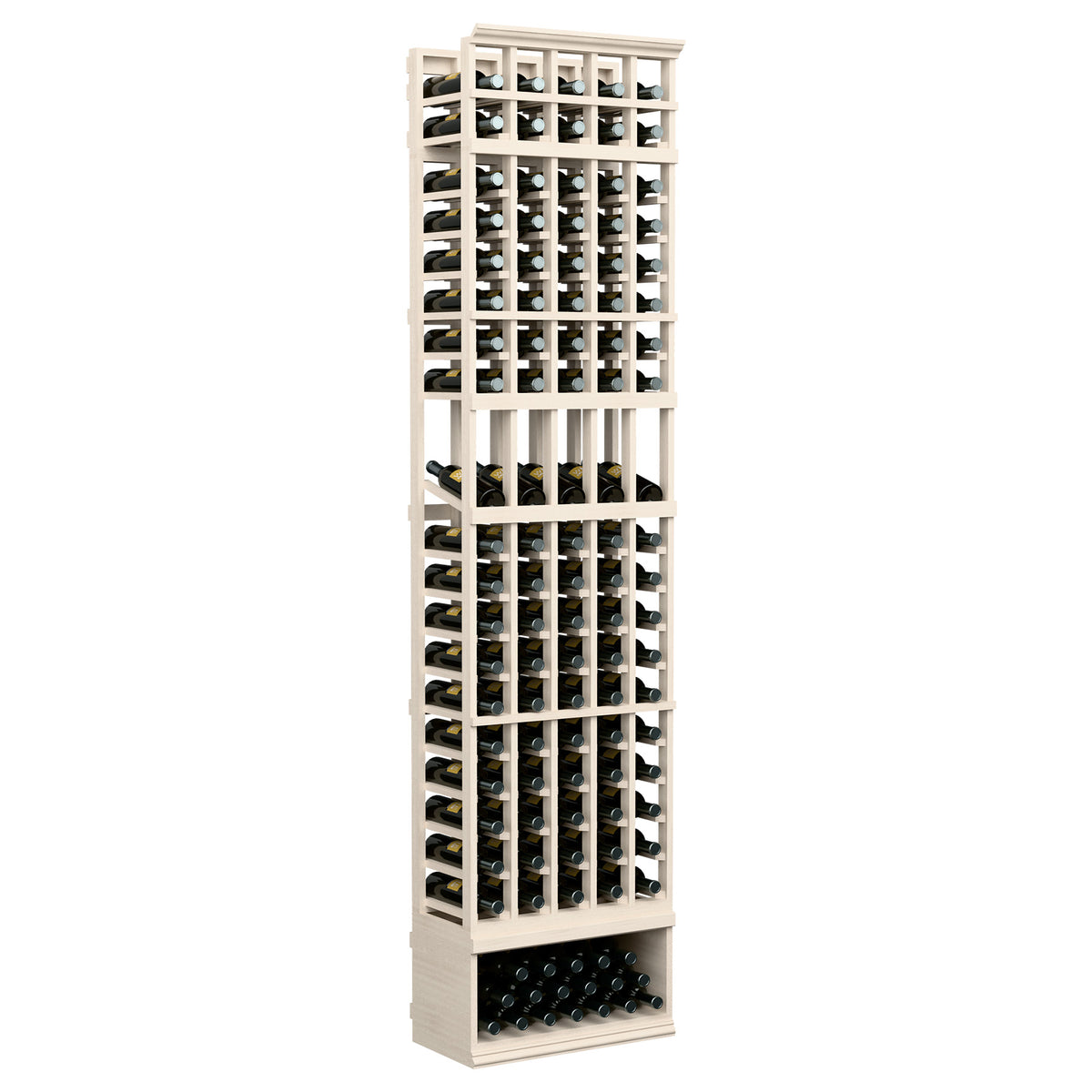 8ft 5-column wine display rack in pale whitewashed wood with black bottle slots