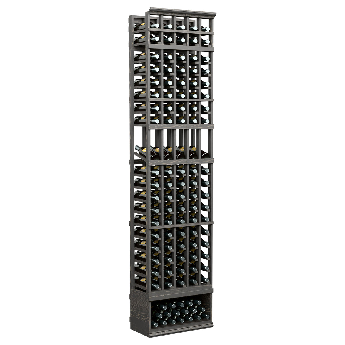 Wine bottle display rack with five columns, dark wood frame and bottle slots