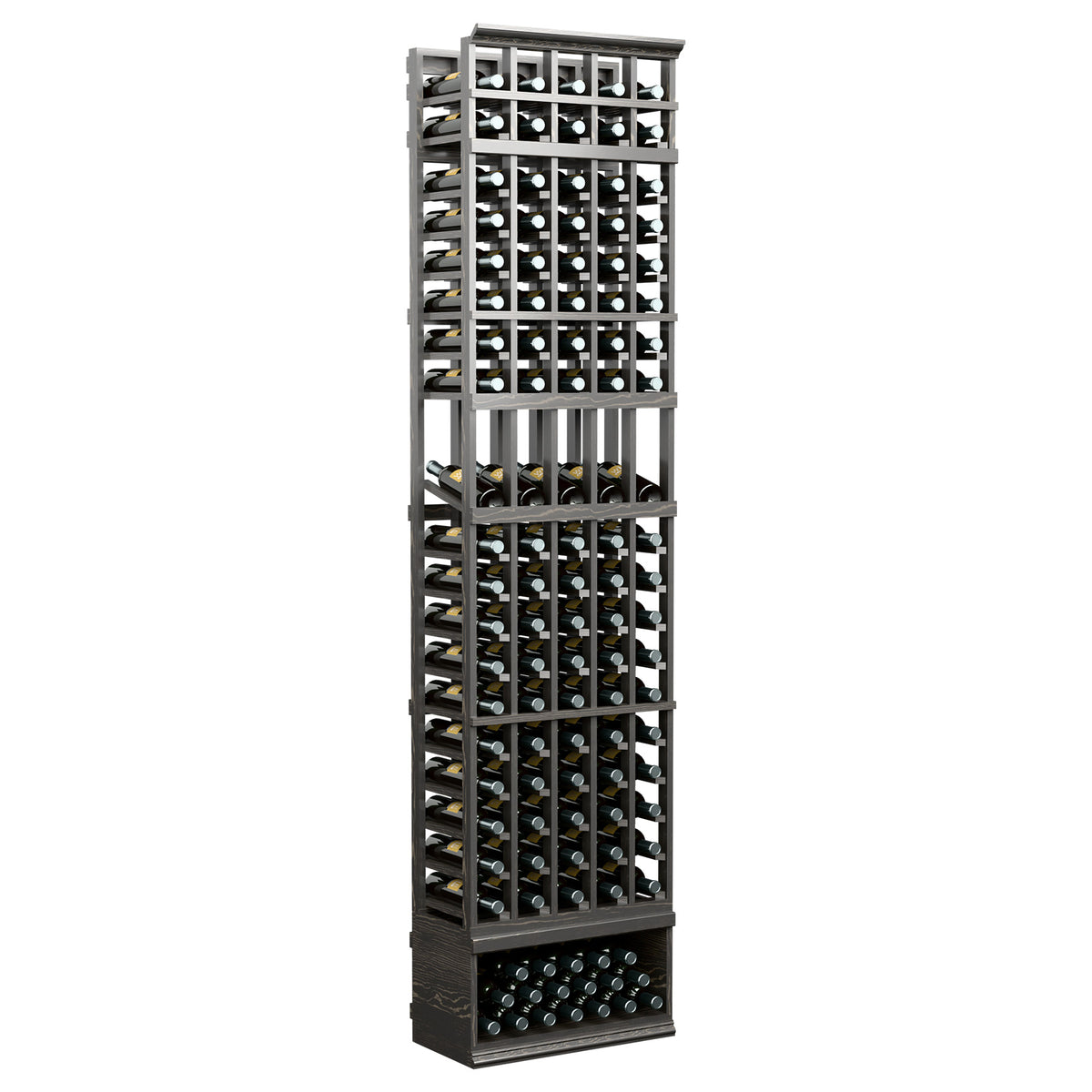 Wine bottle display rack with five columns, dark wood frame and bottle slots