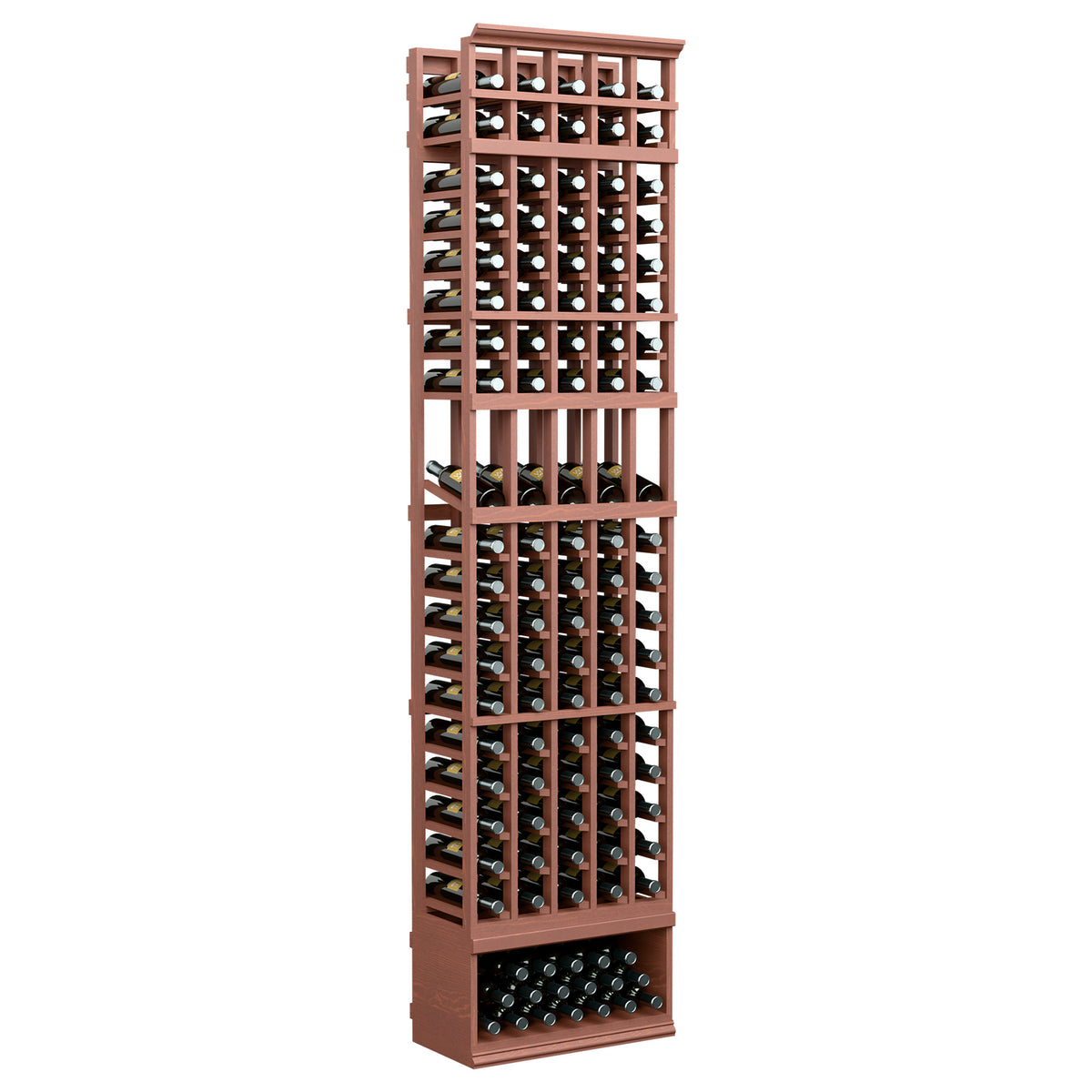Wine bottle display rack with five columns, reddish wood frame and bottle slots