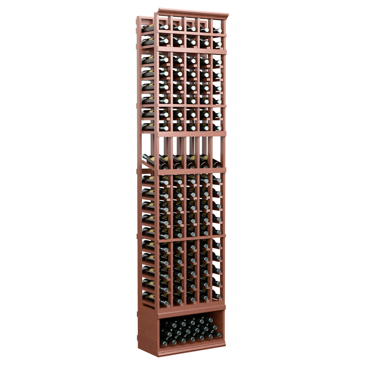 Wine bottle display rack with five columns, reddish wood frame and bottle slots