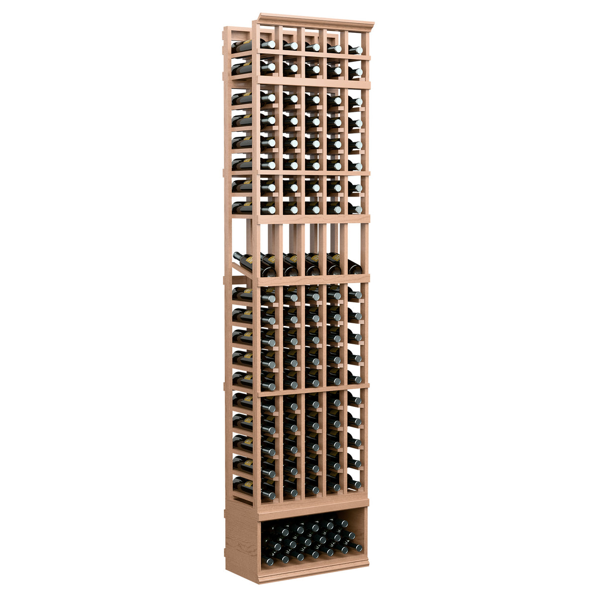 Wine bottle display rack with five columns, light tan wood frame and bottle slots