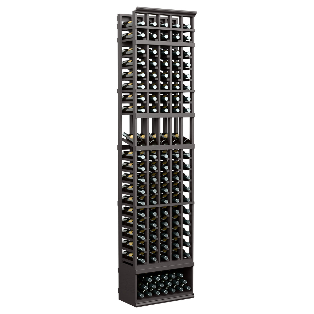 Wine bottle display rack with five columns, black wood frame and bottle slots