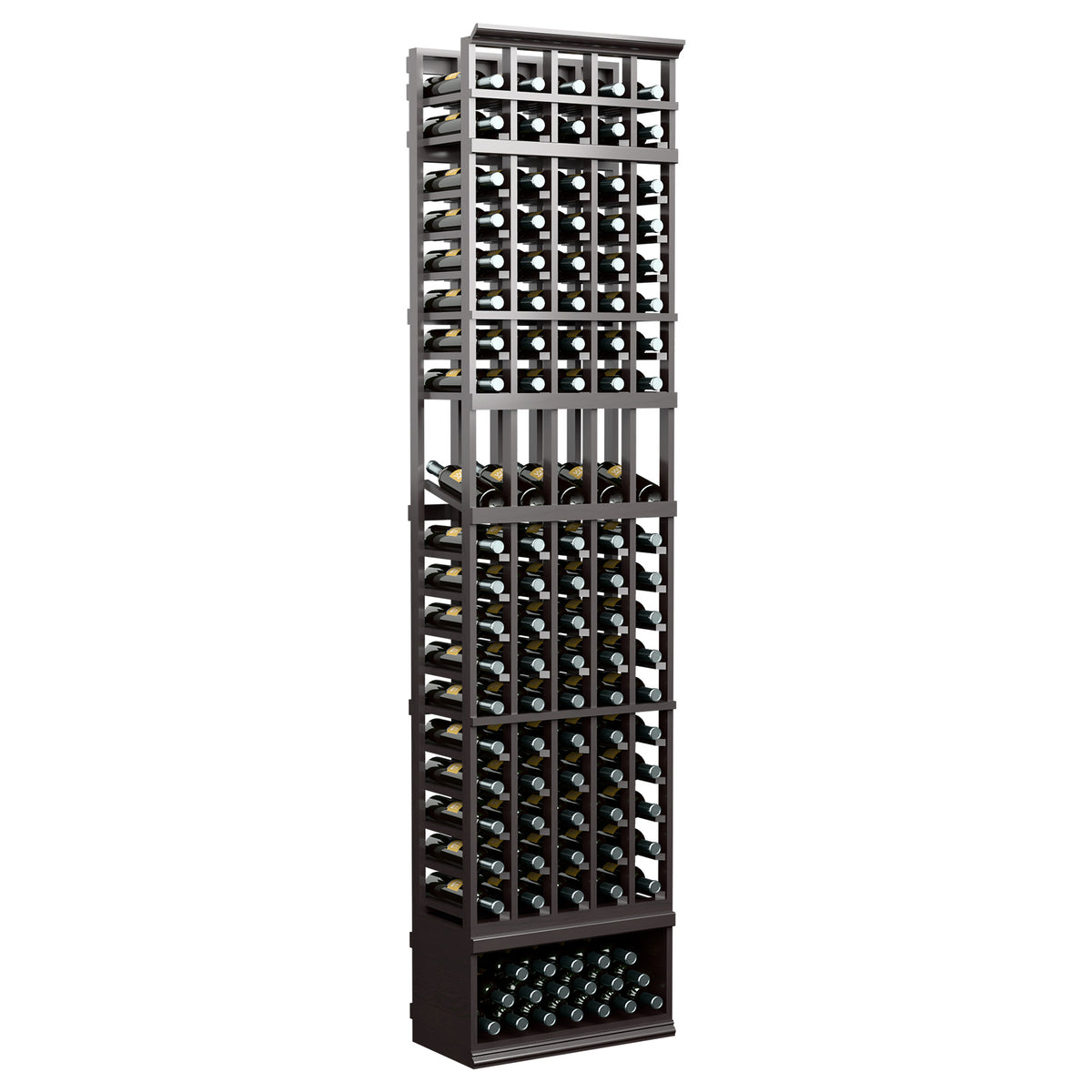 Wine bottle display rack with five columns, black wood frame and bottle slots