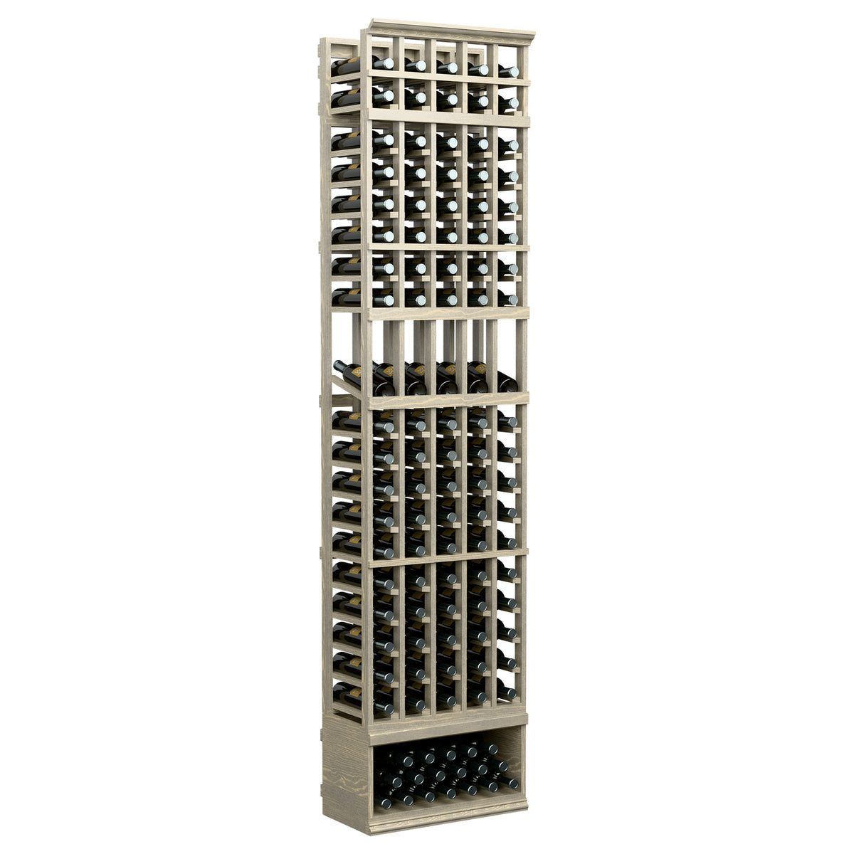 Natural wood 5-column wine rack with bottle slots and lower tray visible