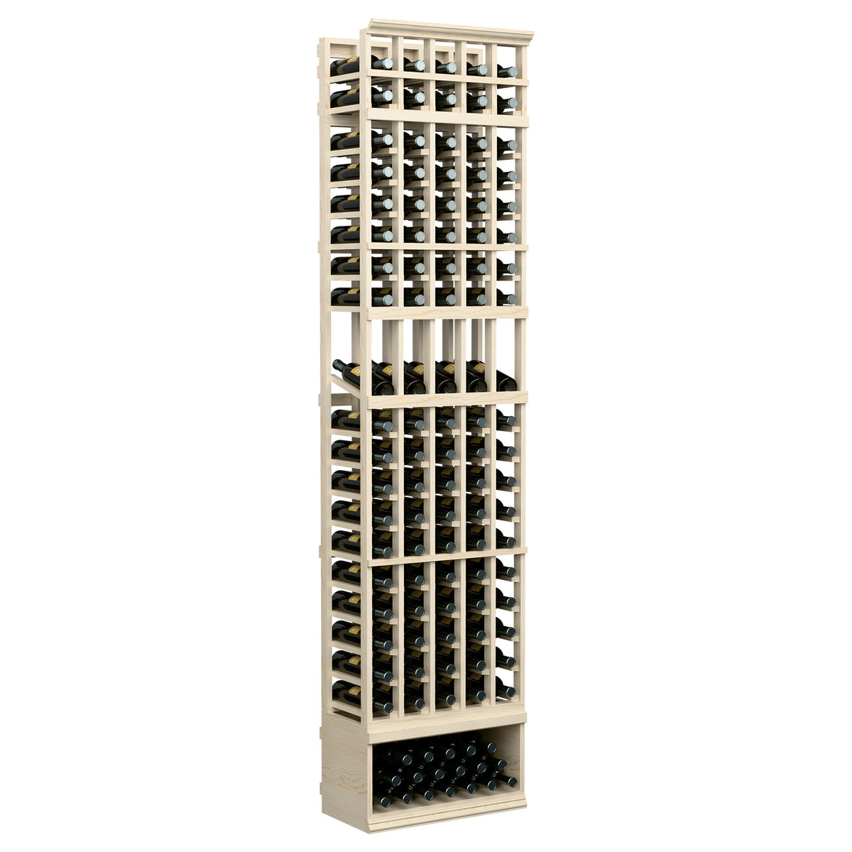 Natural wood 5-column wine display rack, front view with bottle compartments