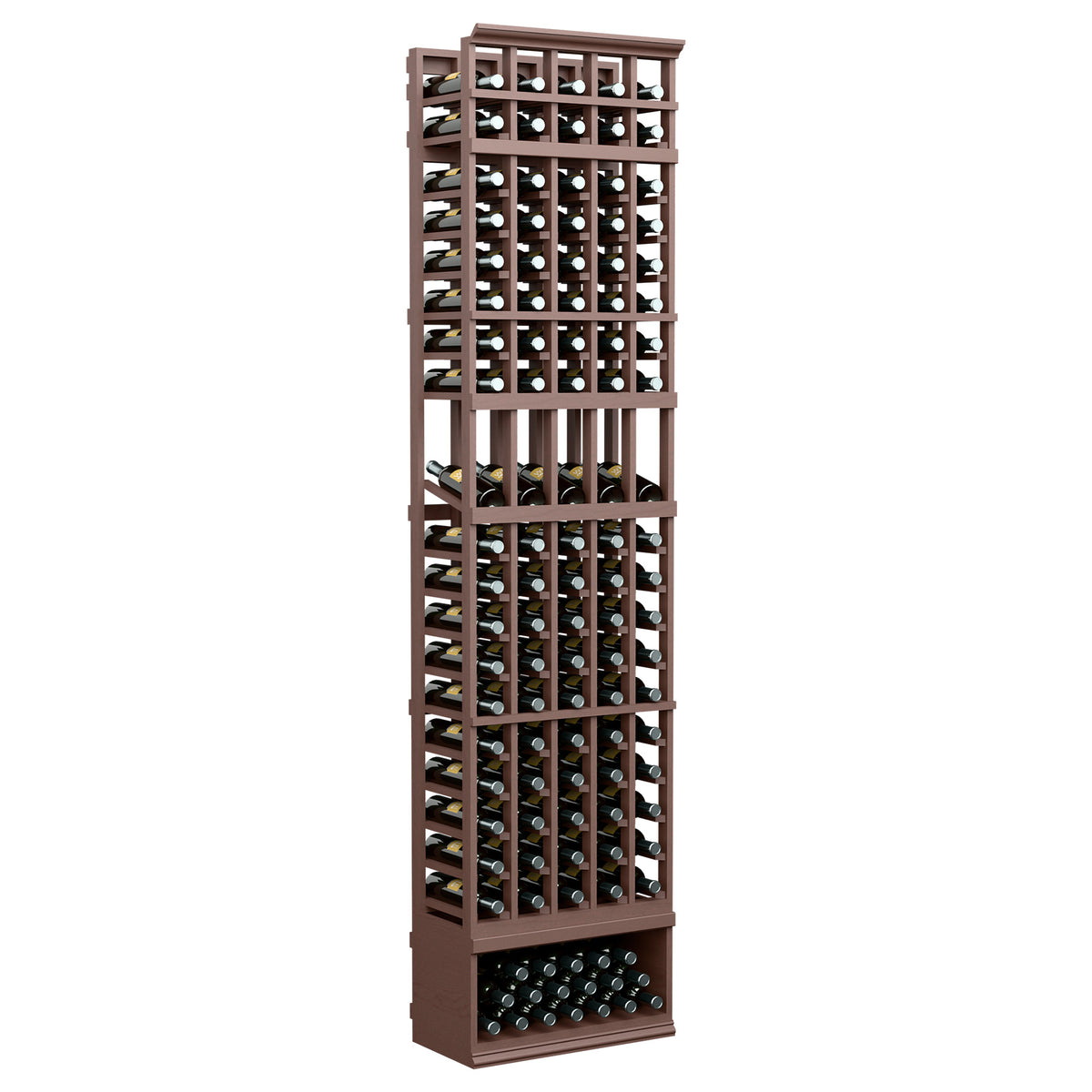 Dark brown wood 5-column wine display rack with filled bottle slots and base