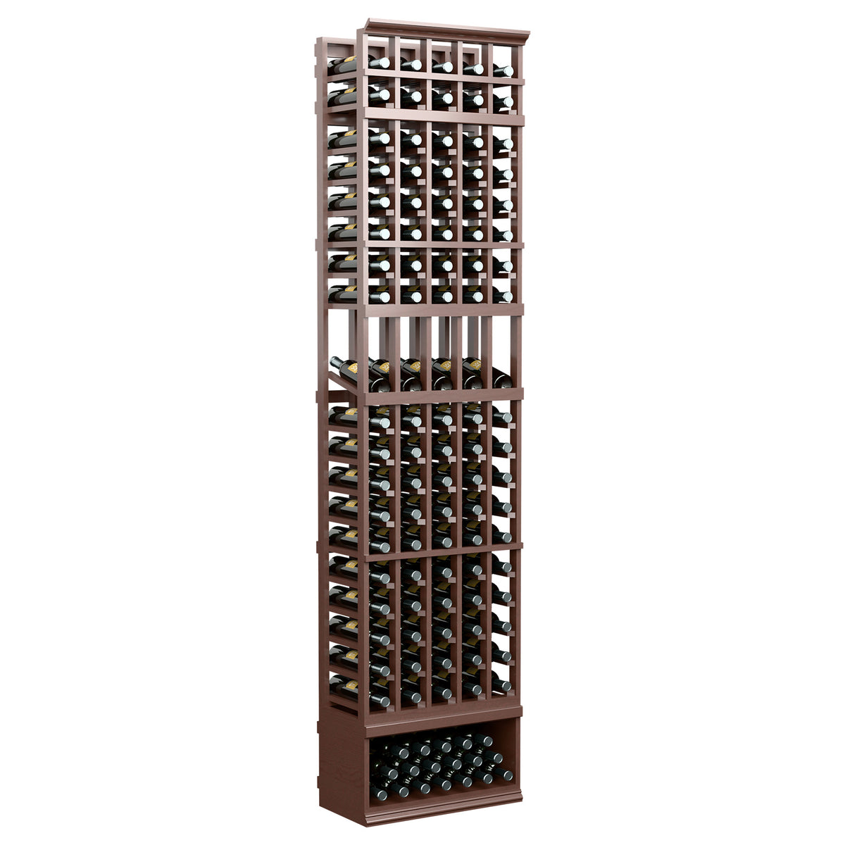 Dark brown wood 5-column wine rack with bottle rows and lower tray
