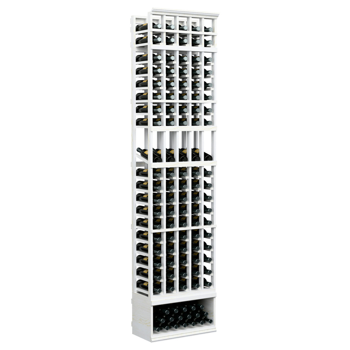 White wood 5-column wine display rack with bottle slots and lower tray