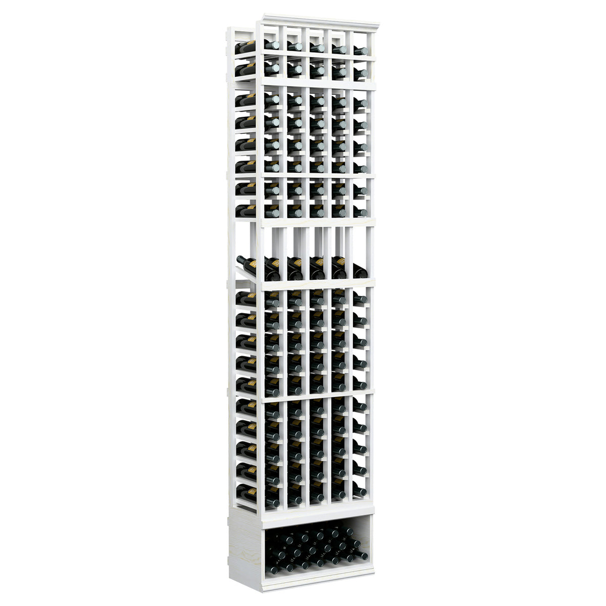 White wood 5-column wine rack, tall front display with bottle compartments