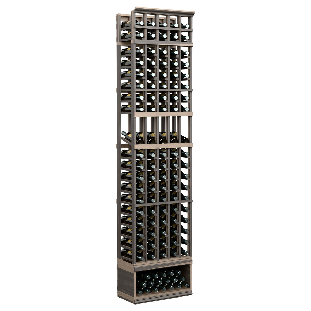 Black 5-column wine bottle display rack with open cradles and lower bottle tray