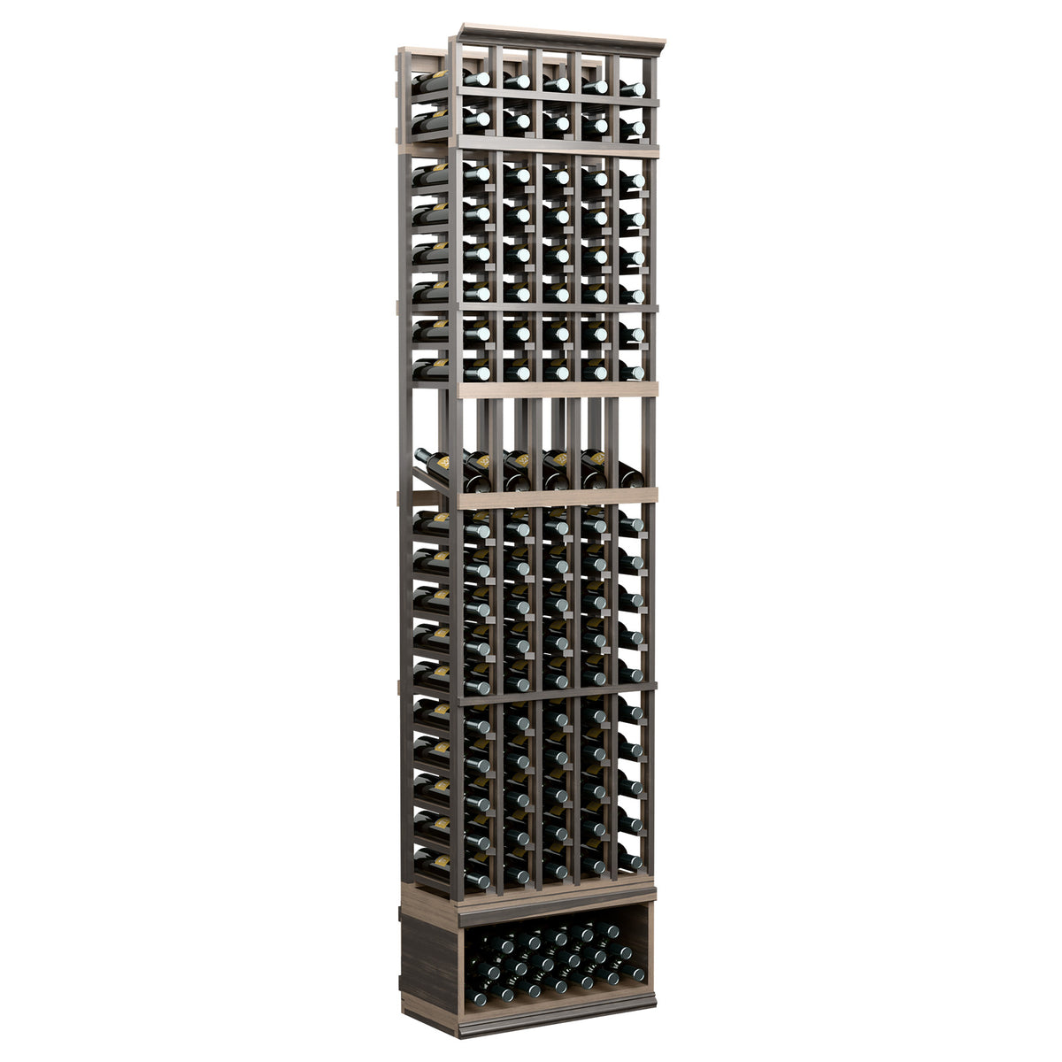 Dark wine bottle display rack with 5 columns, bottle cradles, and lower tray