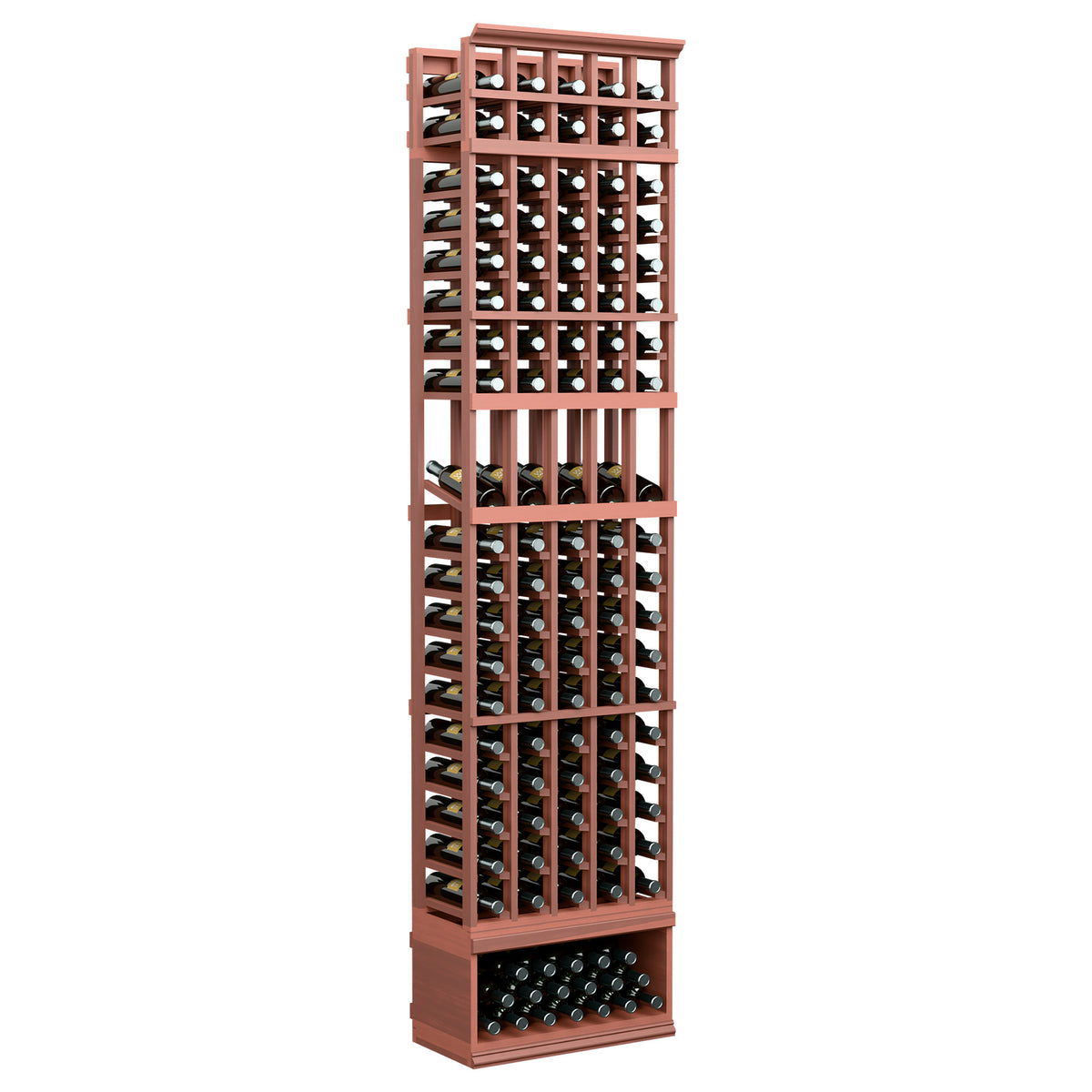Red-brown 5-column wine bottle display rack with cradles and bottom bottle tray