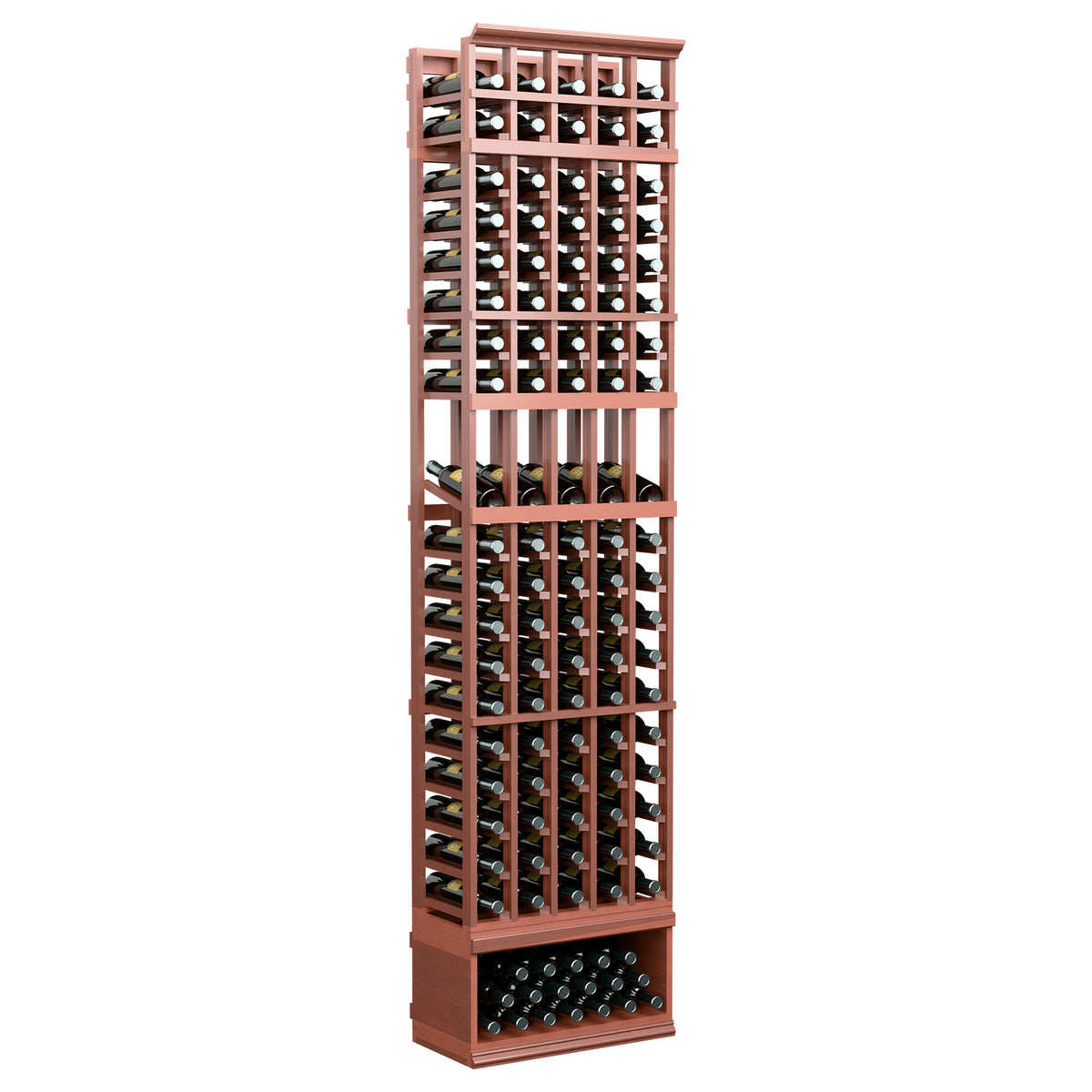 Brown red 5-column wine bottle display rack with bottle cradles and bottom tray
