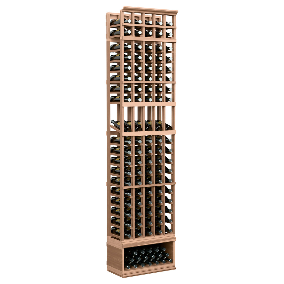 Light wood 5-column wine bottle display rack with bottle cradles and lower tray