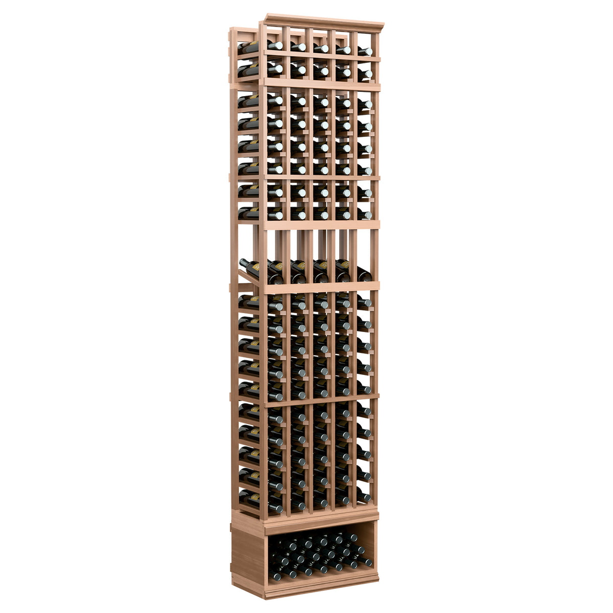 Pale wood 5-column wine bottle display rack with bottle cradles and bottom tray