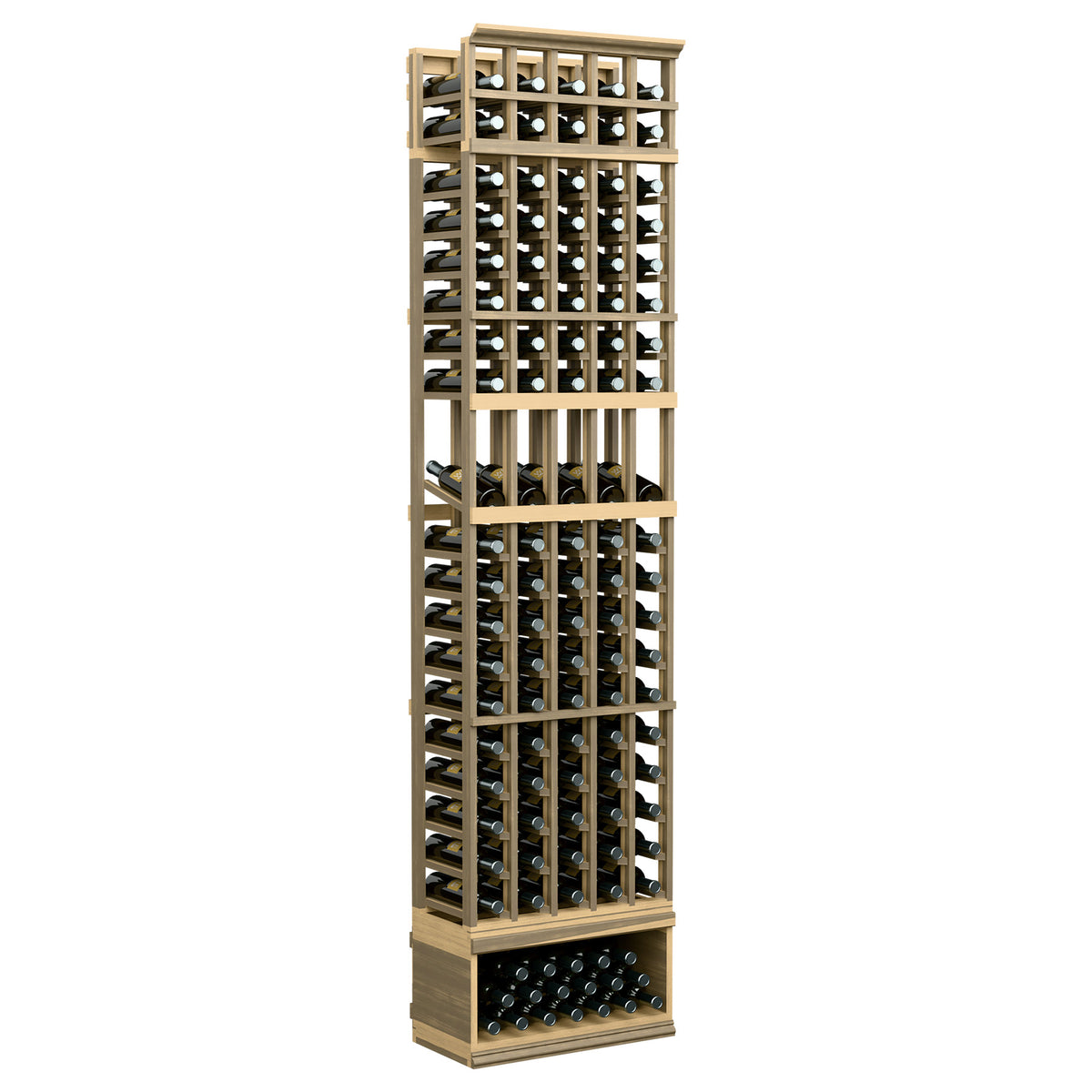 Natural wood 5-column wine bottle display rack with bottle cradles and lower tray