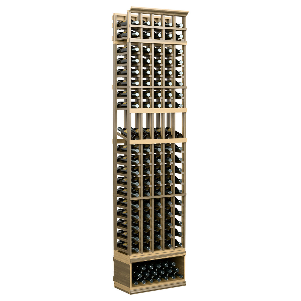 Natural wood 5-column wine bottle display rack with bottle cradles and base tray