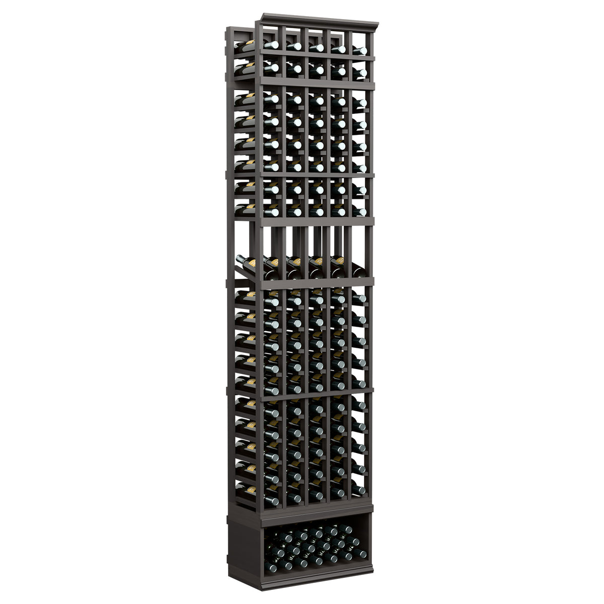 Dark charcoal 5-column wine bottle display rack with bottle cradles and lower tray