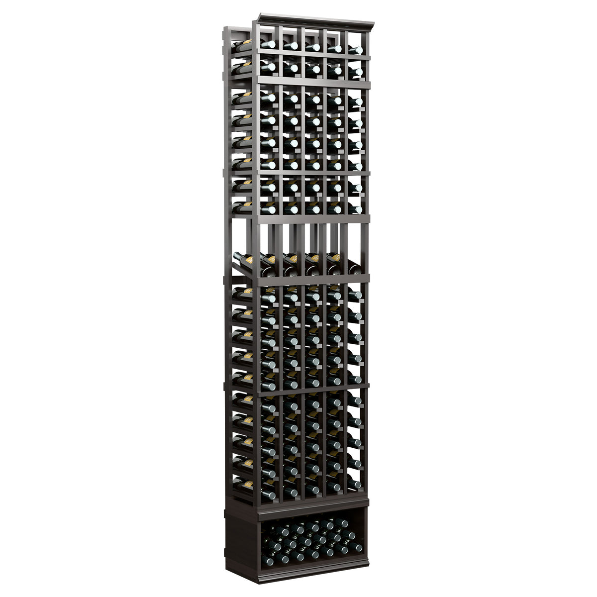 Charcoal 5-column wine bottle display rack with bottle cradles and bottom bottle tray