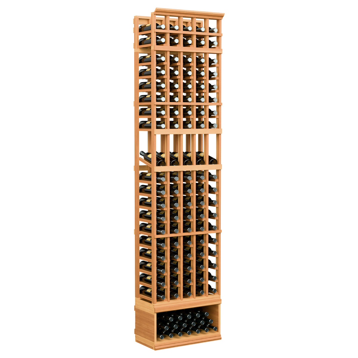 5-column wine display rack, warm red-stained wood with bottle slots and base tray