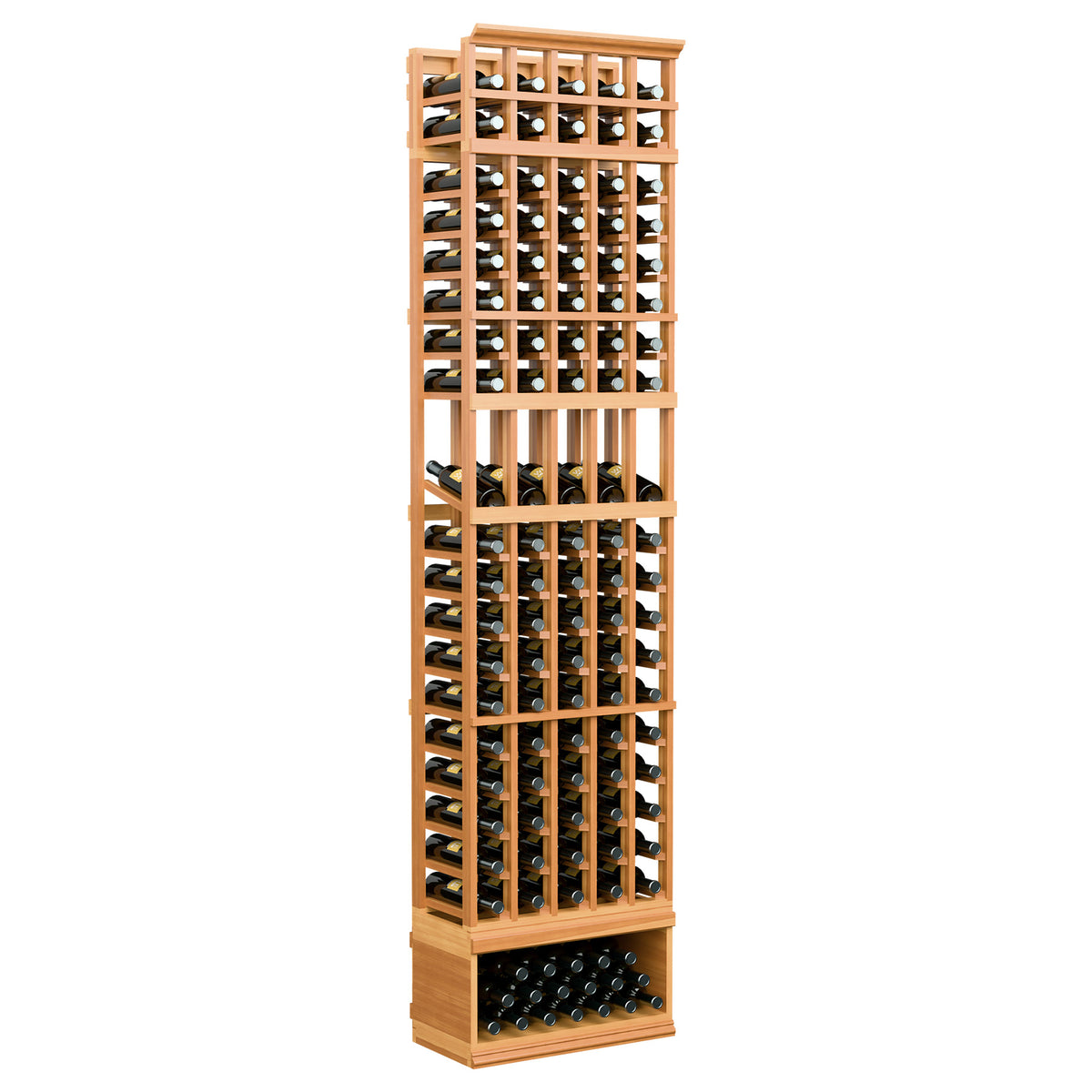 5-column wine display rack, warm red-stained wood with bottle openings and bottom tray