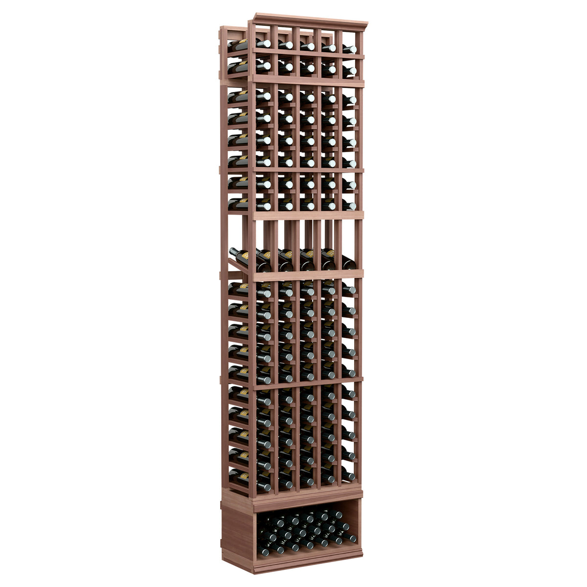 5-column wine display rack, dark wood finish with bottle slots and bottom bottle tray