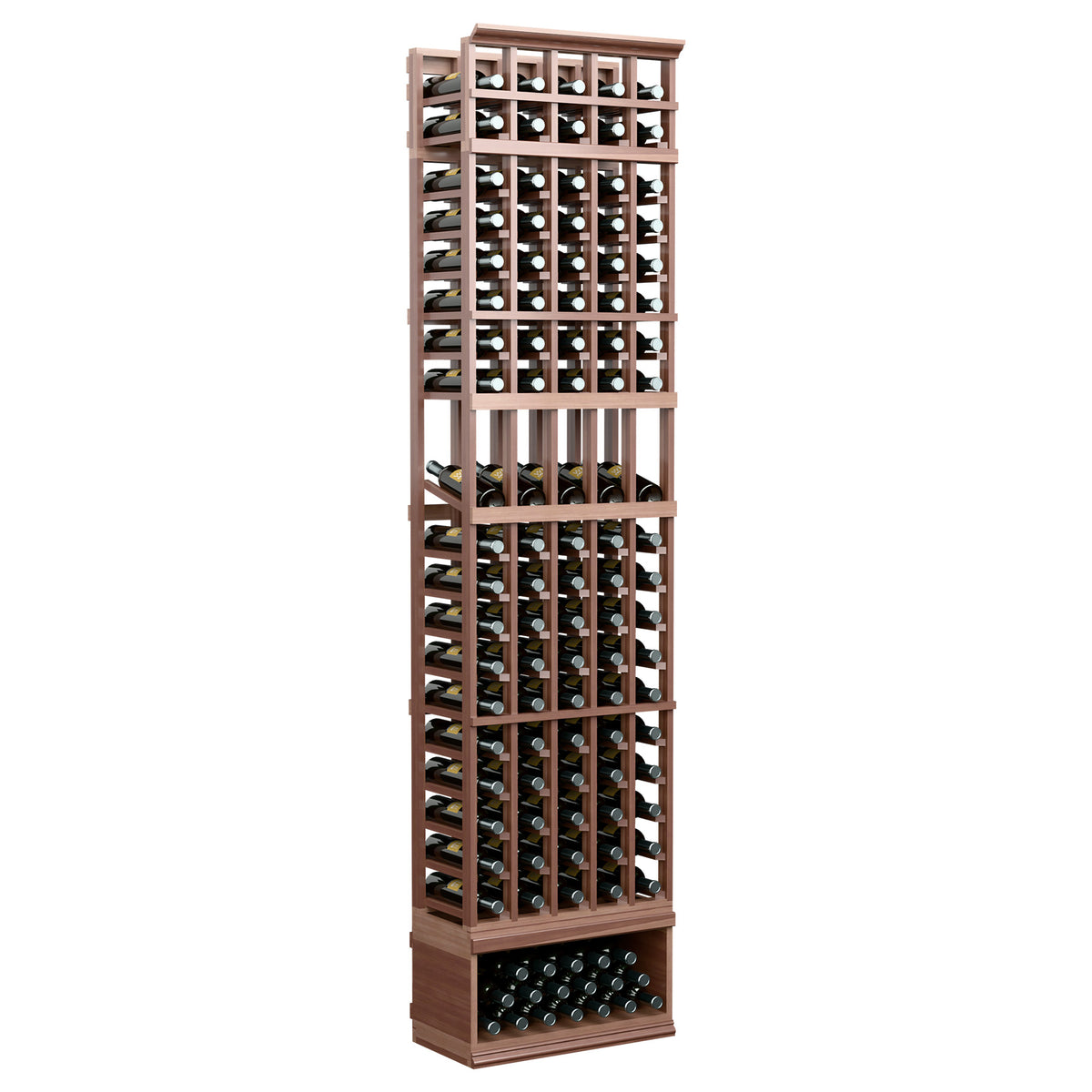 5-column wine display rack, deep brown wood with bottle slots and base storage tray
