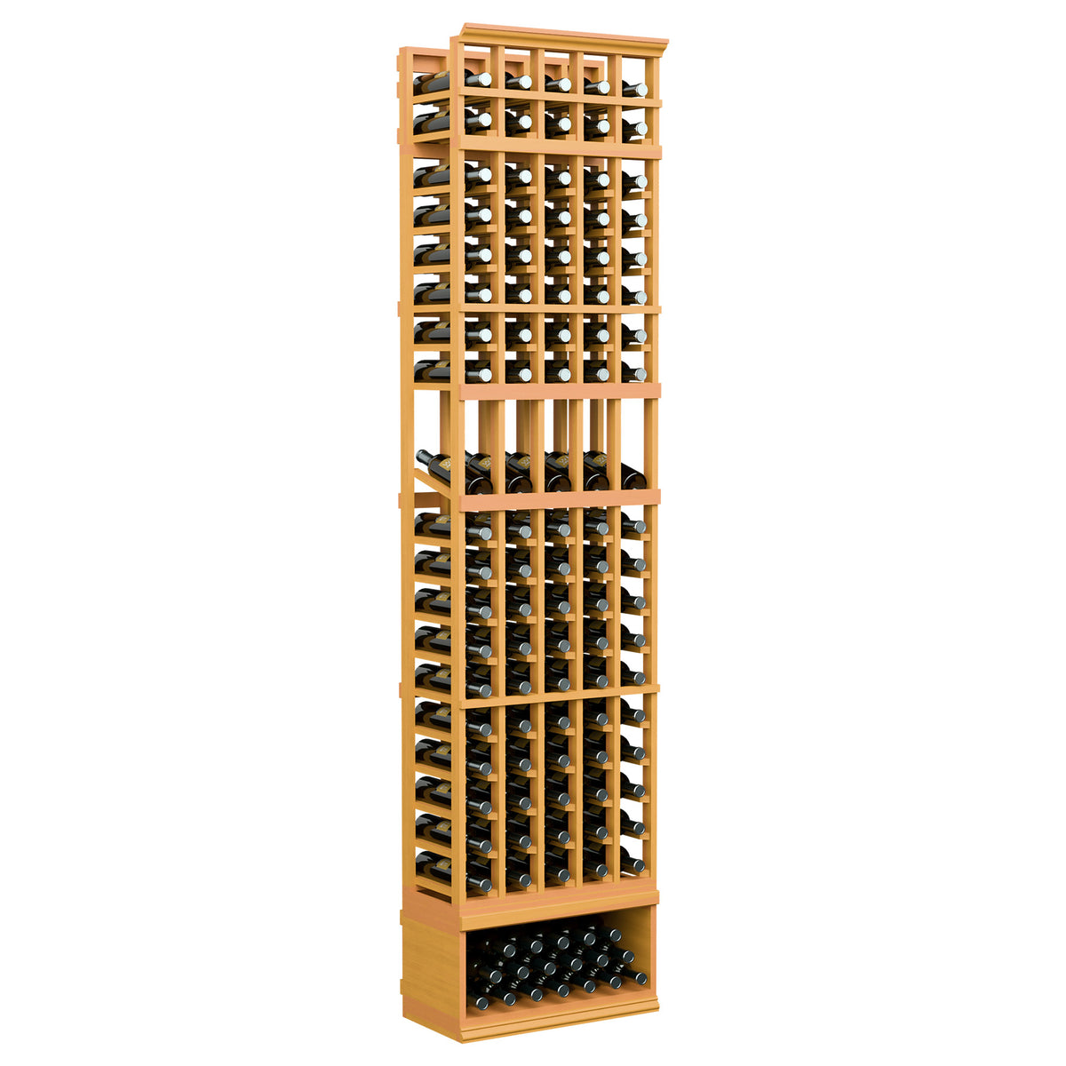 5-column wine display rack, golden light wood with bottle slots and bottom tray