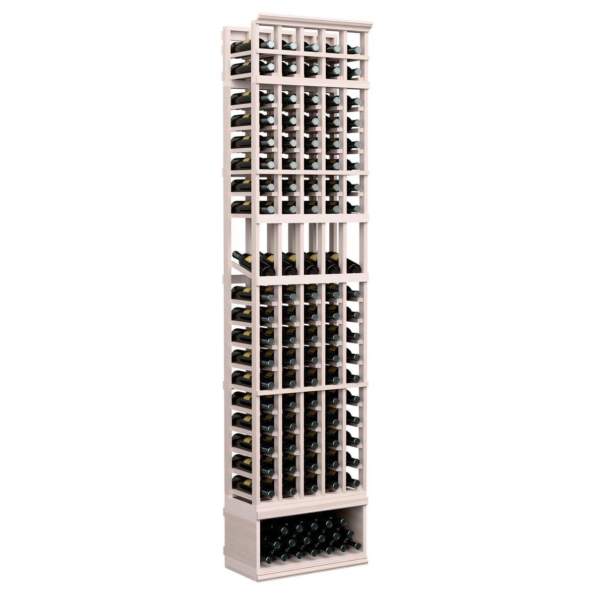 5-column wine display rack, white-painted wood with bottle slots and bottom tray
