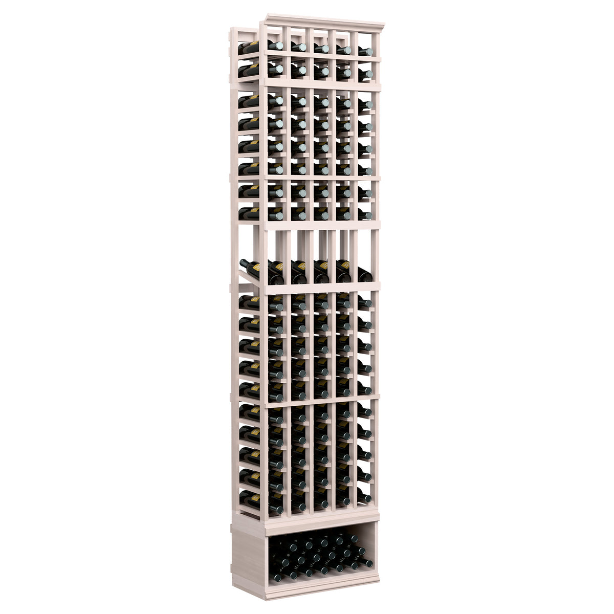 5-column wine display rack, white-painted wood finish with bottle slots and base storage tray