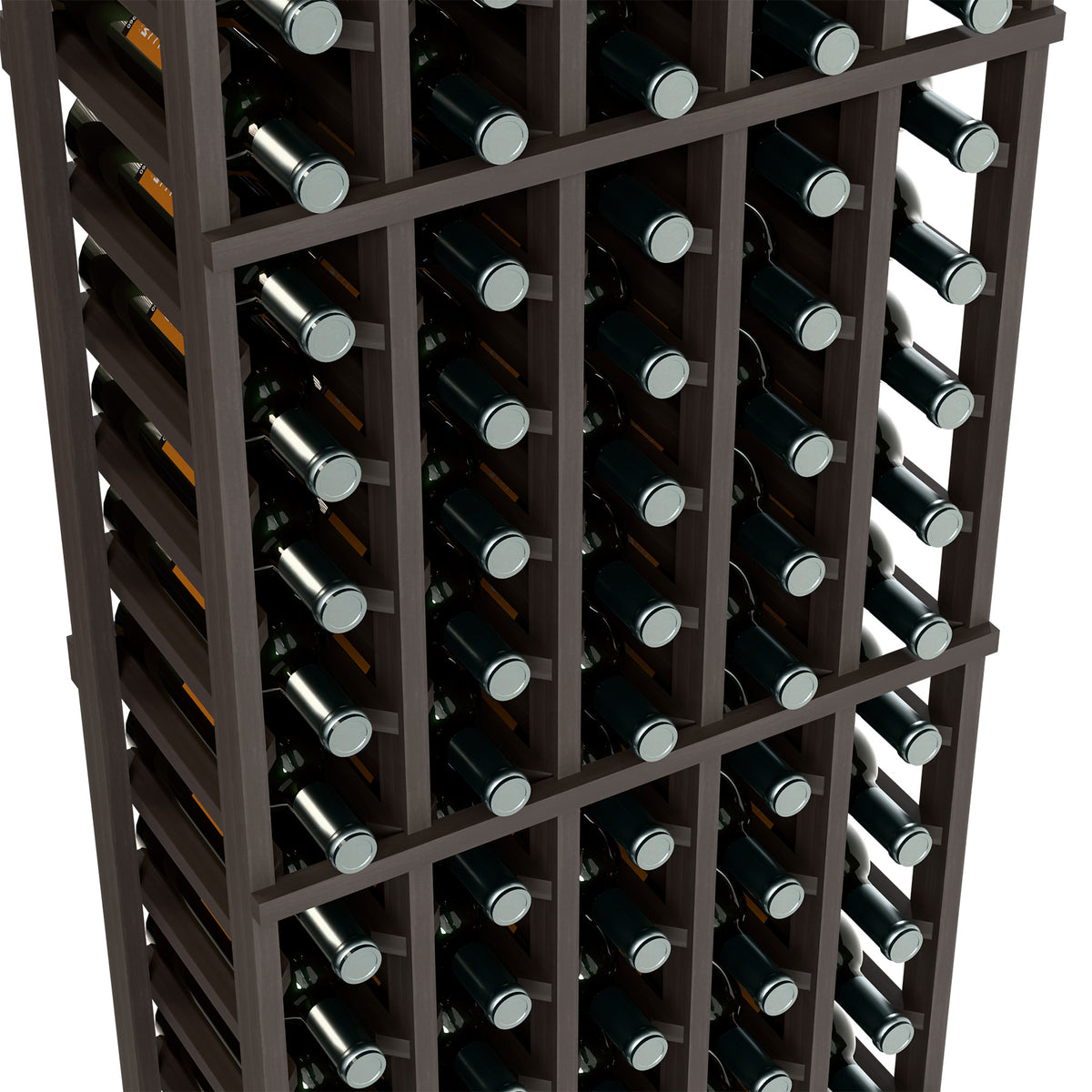 Wine bottle rack close-up, dark gray frame with rows of bottle necks
