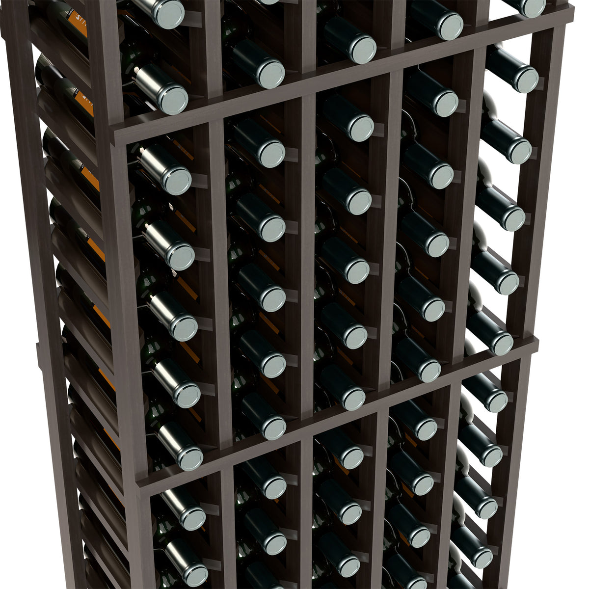 Wine bottle rack close-up, dark gray frame holding bottles in grid cubbies