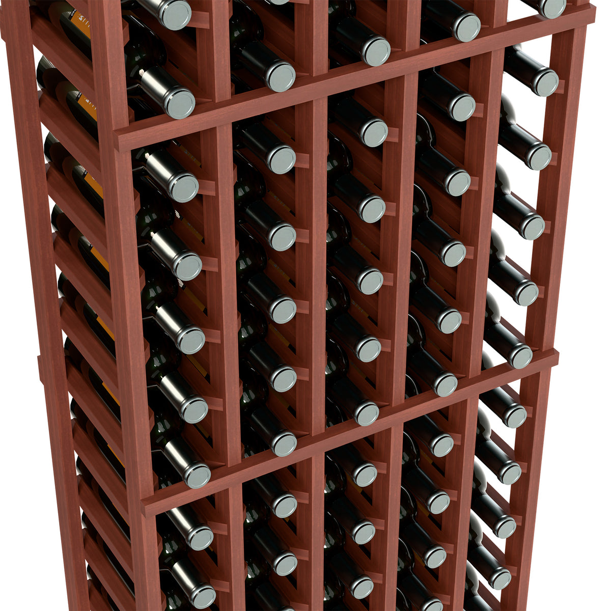 Wine bottle rack close-up, reddish-brown frame with rows of bottles in cubbies