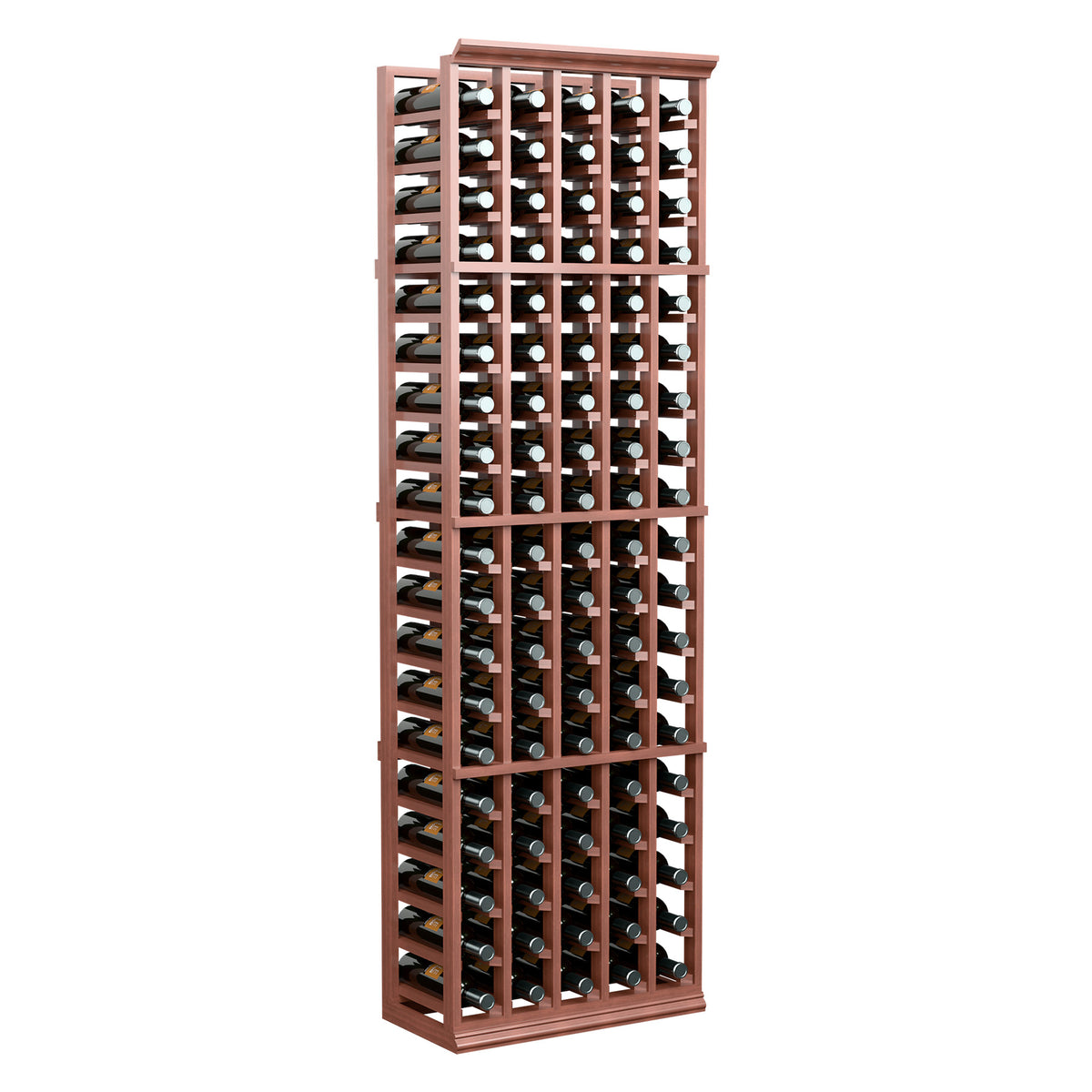 5-column wine bottle rack, reddish-brown wood with open top rows of bottle slots